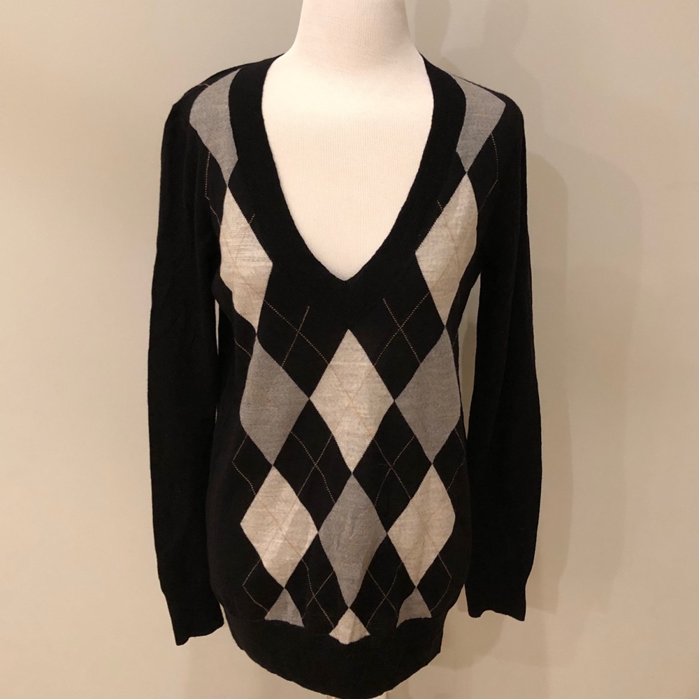 EUC J Crew Argyle Sweater Merino Wool VNeck